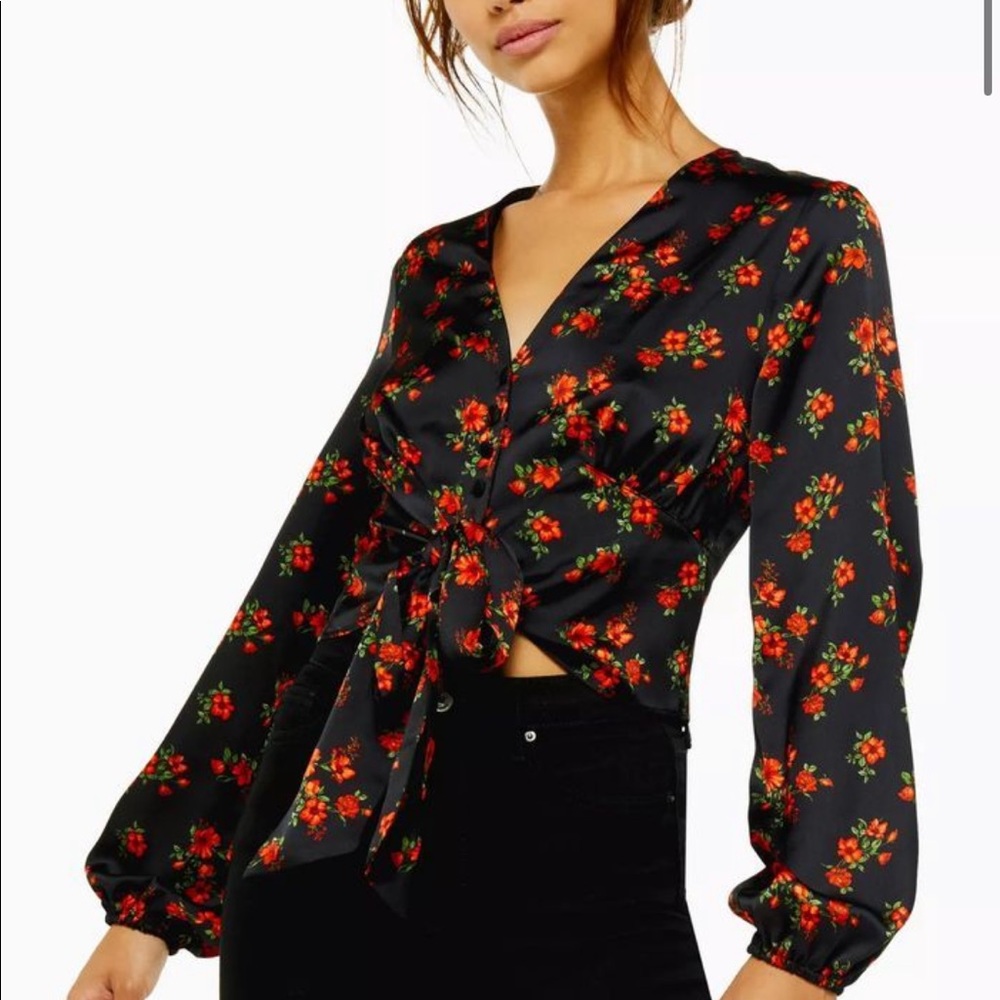 Topshop Rose Floral Print Tie Front Top